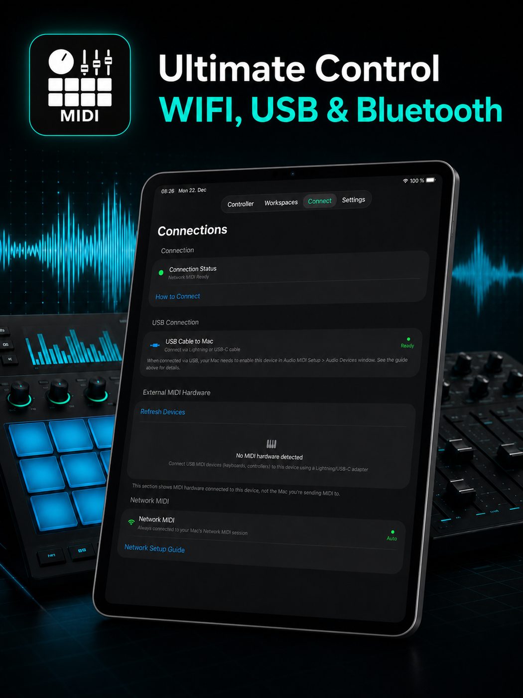 Custom MIDI controller workspace with pads, keys, and faders