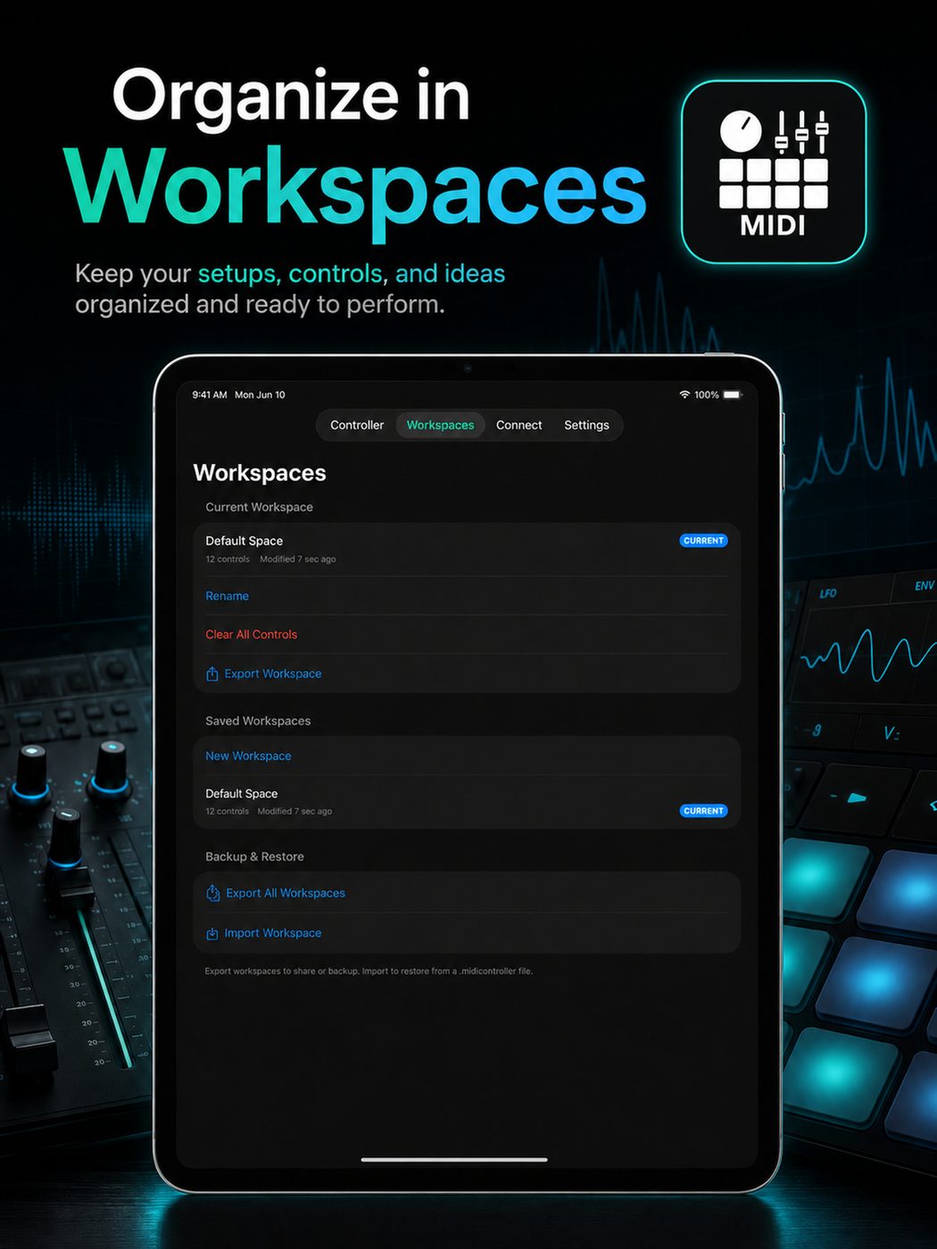 MIDI Controller PRO USB Bluetooth and WiFi connection options