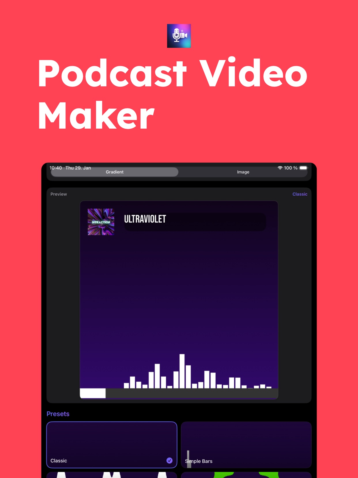 Podcast Video Maker Editor with waveform visualizer and captioned audiogram on iPhone