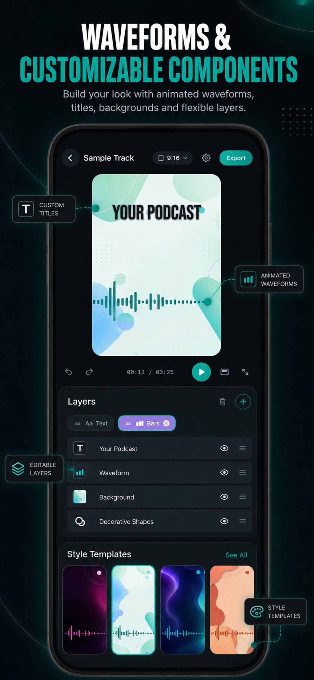 Podcast Video Maker Editor as mobile alternative to Descript and Headliner audiograms