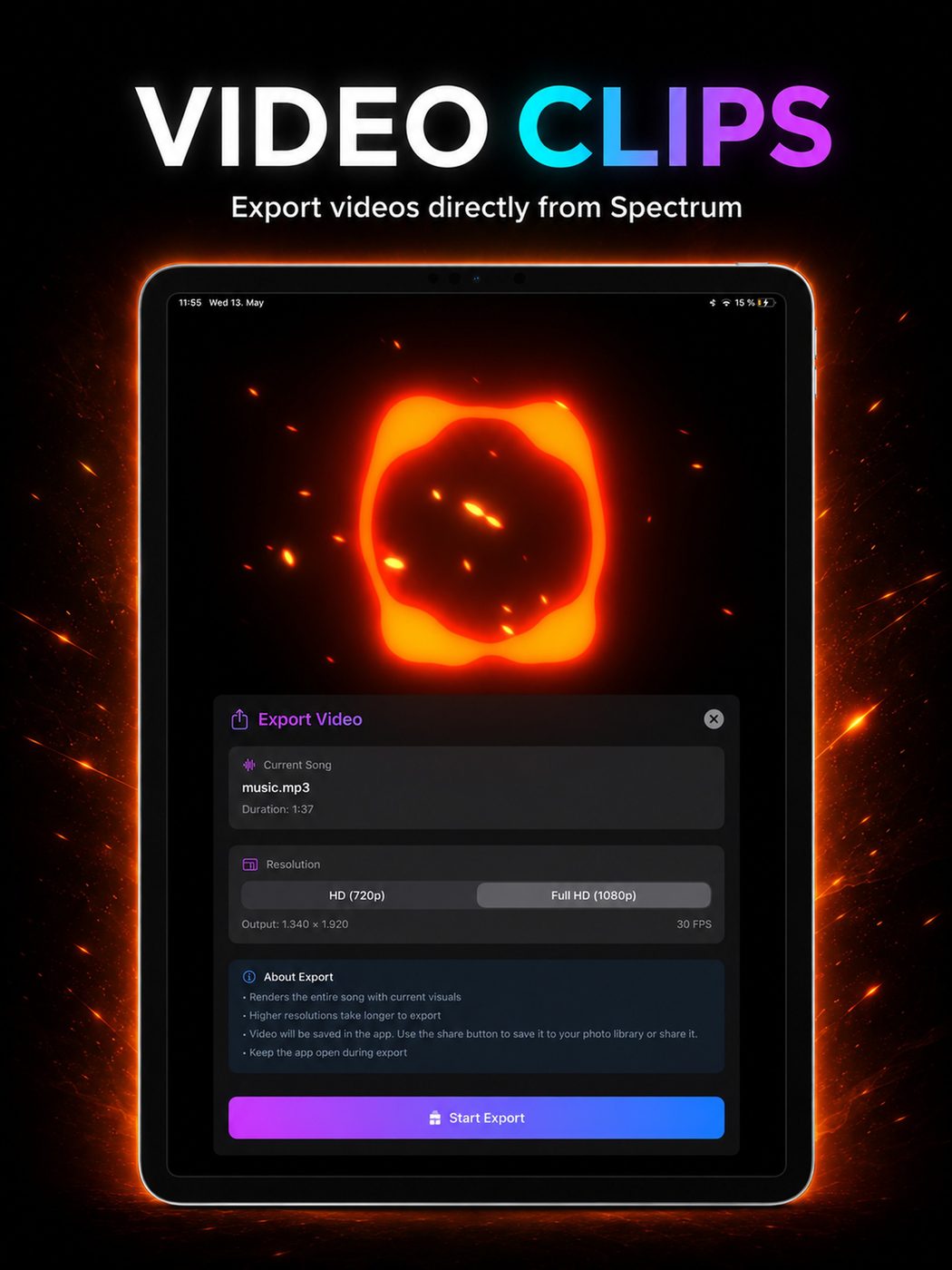 Spectrum FX audio reactive music visualizer exporting a video clip