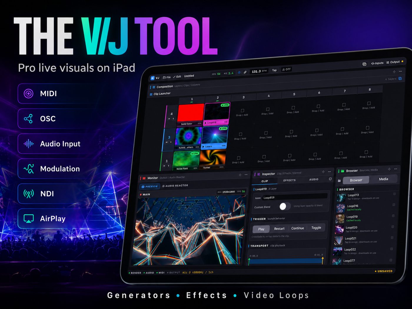 VJ Stage clip launcher and layer inspector for live VJ performance