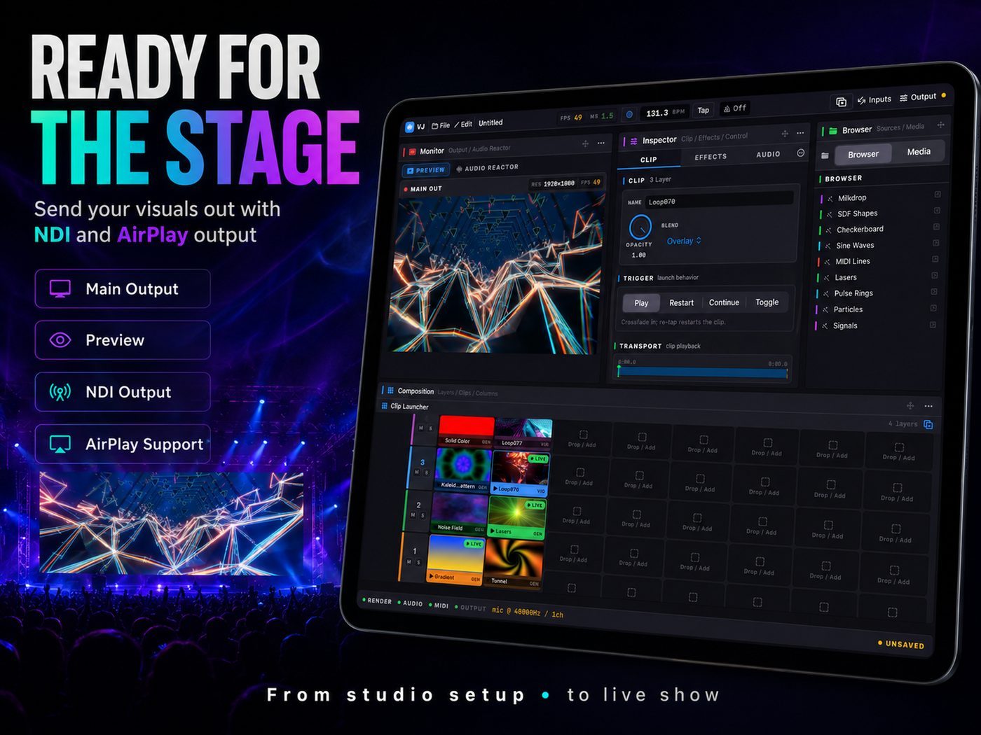 VJ Stage NDI AirPlay MIDI and OSC output options for live visuals