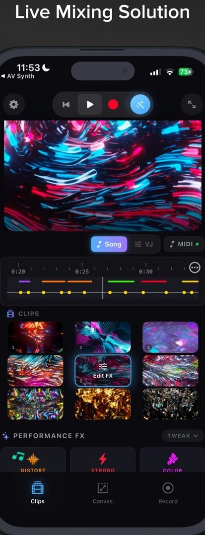 VJ Video Mixer interface with clips and performance FX